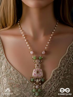 MADHUVRATA – SWEET AS SPRING BLOOM - GRACEFUL PINK ENAMELLED PENDANT NECKLACE WITH KUNDAN GREEN BEADS AND PEARL DROPS