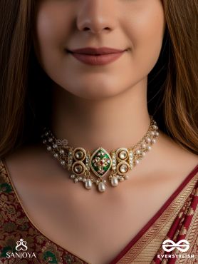 HARINAKSHI - DOE-EYED BEAUTY - GRACEFUL HANDCRAFTED KUNDAN CHOKER WITH POLKI ACCENTS AND PEARL DETAILS