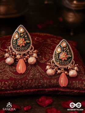 SANDHYAPRIYA - LOVER OF DUSK - EXQUISITE GOLDEN ENAMELLED KUNDAN EARRINGS WITH LUSTROUS ORANGE GEM DROPS