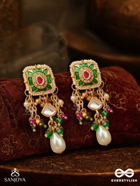 RANIRAGA - QUEEN’S MELODY- EXQUISITE KUNDAN EARRINGS WITH FLORAL ENAMEL WORK, BEADS AND PEARLS