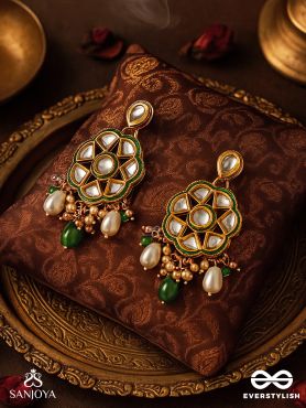 TARALYA - GENTLE RADIANCE- MINIMAL KUNDAN EARRINGS WITH GREEN DROPS AND PEARLS