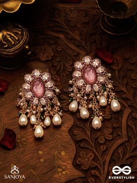 LALIMA - TINT OF PINK-  HAND EMBROIDERED EARRINGS WITH PEARL DROPLETS AND GEMSTONES