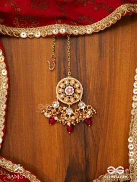TRIBANDHURA - THREE-STRANDED BEAUTY-  KUNDAN MAANGTIKA WITH FLORAL ENAMELLED MEDALLIONS AND RUBY DROPS
