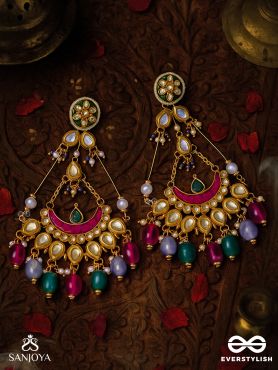 RANGAMAYA - FILLED WITH COLORS- INTRICATE KUNDAN CRESCENTS ENAMELLED EARRINGS WITH VIBRANT BEADED FRINGES AND PEARLS