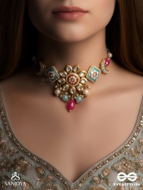 SOMARANGI - MOON-HUED BEAUTY- FLORAL ENAMELLED KUNDAN CHOKER WITH COLORFUL BEAD DROPS AND PEARLS