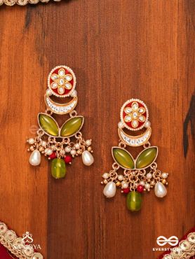 TULSIRAGA - TOUCH OF TULSI- ELEGANT PEARL LAYERED EARRINGS WITH KUNDAN, GEMSTONE AND RICH RUBY DROPLETS