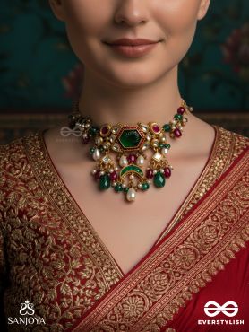 HARARASA - ESSENCE OF GREEN- KUNDAN NECKPIECE WITH PEARLS, BEADS AND GEMSTONE