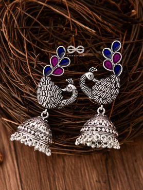The Enamelled Dancing Peacocks Meenakari Artwork Jhumkas - (Pink-Blue)