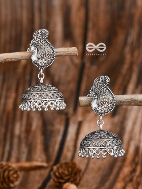 The Intricate Peacock Jhumkis - Oxidised Boho Earrings