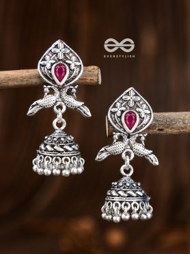 The Twin Peacock Artwork Jhumkis (Ruby Red) - Embellished Oxidised Collection