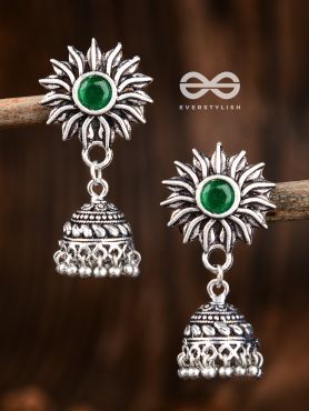 The Artsy Floral Jhumkis (Emerald Green) - Embellished Oxidised Collection