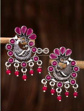 The Dangling Peacock Studs (Ruby Red) - Embellished Oxidised Collection