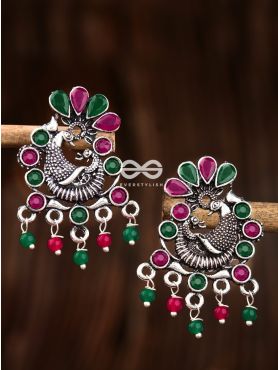 The Dangling Peacock Studs (Ruby Emerald) - Embellished Oxidised Collection