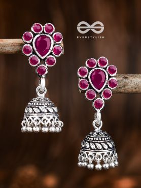 The Shimmery Droplet Jhumkis (Ruby Red) - The Embellished Oxidised Collection