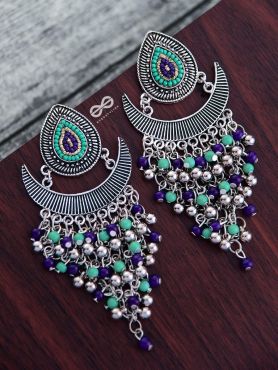 The Droplet Jhaalar Earrings (Blue Hues) - The Embroidered Oxidised Collection
