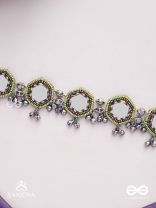 Chāyāmālā-Reflective choker- oxidized choker featuring intricate beadwork, mirrors, ghungroo (small bells), and thread details