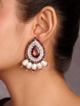 LAVANYA- THE GRACEFUL ONE- STONE, PEARLS, AND GLASS BEADS EMBROIDERED EARRINGS (ROSEWOOD RED)