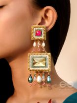 Pushkarini- The Geometric Wonder- Stones and Pearl Drops Embroidered Earrings