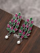 The Shimmering Leaves (Ruby Emerald)- Embellished Oxidised Earrings