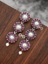 The Layered Boho Danglers (Ruby Red) - Embellished Oxidised Earrings 