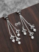 The Pristine Peacock Triple Pearl Jhumkis - Oxidised Boho Earrings