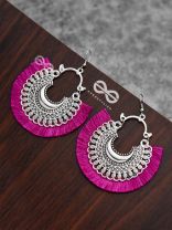 The Tasselled Motif Moons (fuchsia) - Oxidised Boho Earrings