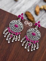 The Playful Elegance - Embellished Oxidised Earrings (Ruby Red)