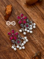 'A Floral Fantasy' - Embellished Oxidised Earrings (Ruby Red)