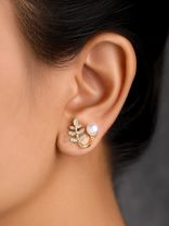 Fern n Pearl- CZ Stones Studded Golden Pearl Earrings