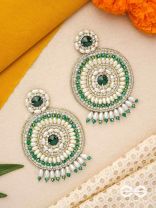 Advaita- The Unique Sphere- Emerald Green Stone, Pearls, and  Glass Beads Embroidered Earrings