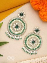 Advaita- The Unique Sphere- Emerald Green Stone, Pearls, and  Glass Beads Embroidered Earrings