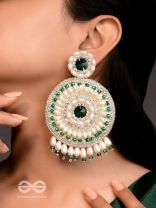 Advaita- The Unique Sphere- Emerald Green Stone, Pearls, and  Glass Beads Embroidered Earrings