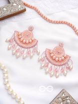 SURAMYA- THE PICTURESQUE CRESCENT- SEQUINS, GLASS BEADS AND STONE EMBROIDERED EARRINGS (SALMON PINK)