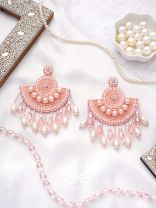 SURAMYA- THE PICTURESQUE CRESCENT- SEQUINS, GLASS BEADS AND STONE EMBROIDERED EARRINGS (SALMON PINK)