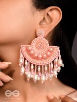 SURAMYA- THE PICTURESQUE CRESCENT- SEQUINS, GLASS BEADS AND STONE EMBROIDERED EARRINGS (SALMON PINK)