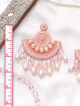 SURAMYA- THE PICTURESQUE CRESCENT- SEQUINS, GLASS BEADS AND STONE EMBROIDERED EARRINGS (SALMON PINK)