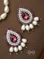 LAVANYA- THE GRACEFUL ONE- STONE, PEARLS, AND GLASS BEADS EMBROIDERED EARRINGS (ROSEWOOD RED)