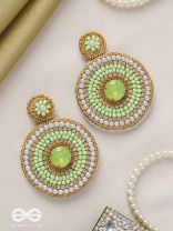ADAMYA- THE INDOMITABLE SPIRIT- STONE, PEARLS, AND BEADS EMBROIDERED EARRINGS (LIME GREEN)