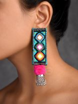 VARNAD- THE COLORFUL- BEADS AND MIRRORS EMBROIDERED EARRINGS (Parakeet Green, Ebony & Fuchsia Pink)