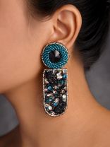 DRAVINAKA- THE FIERY- BEADS, SEQUINS AND STONE EMBROIDERED EARRINGS (Teal Blue & Midnight Black)