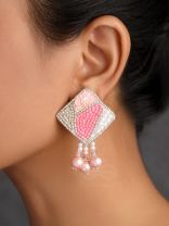 Chaturashra- The Charming Square- Beads and Pearls Embroidered Earrings (Blush & Fuchsia Pink)
