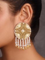 Parinataruna- The Setting Sun- Beads, Sequins, Swaroski and Glass Drops Embroidered Earrings (Copper Brown)
