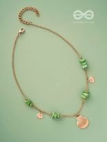 Shells n Pebbles- Golden and Olive Green Stone Necklace