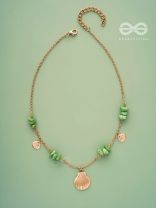 Shells n Pebbles- Golden and Olive Green Stone Necklace