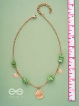 Shells n Pebbles- Golden and Olive Green Stone Necklace