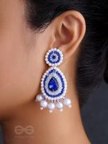 Parjanya- The Raindrop- Swaroski, Pearls and Stones Embroidered Earrings (Cobalt Blue) 