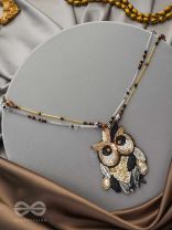 Shakuneya- The Owl King- Swaroski, Sequins and Glass Beads Embroidered Necklace (Ebony Black and Golden)