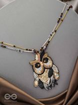 Shakuneya- The Owl King- Swaroski, Sequins and Glass Beads Embroidered Necklace (Ebony Black and Golden)