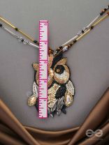 Shakuneya- The Owl King- Swaroski, Sequins and Glass Beads Embroidered Necklace (Ebony Black and Golden)