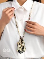 Shakuneya- The Owl King- Swaroski, Sequins and Glass Beads Embroidered Necklace (Ebony Black and Golden)